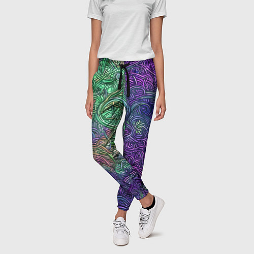 Женские брюки Вьющийся узор фиолетовый и зелёный / 3D-принт – фото 3