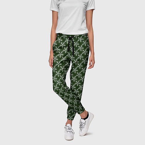 Женские брюки Паттерн снежинки тёмно-зелёный / 3D-принт – фото 3