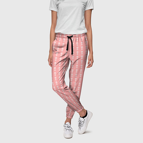 Женские брюки Бледно-розовый полосы с цветочками / 3D-принт – фото 3