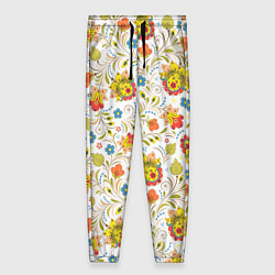 Женские брюки Хохломская роспись разноцветные цветы на белом фон