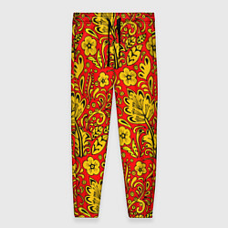 Женские брюки Хохломская роспись золотистые цветы на красном фон