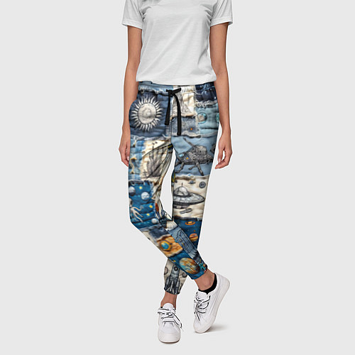 Женские брюки Джинсовый пэчворк с пришельцами / 3D-принт – фото 3