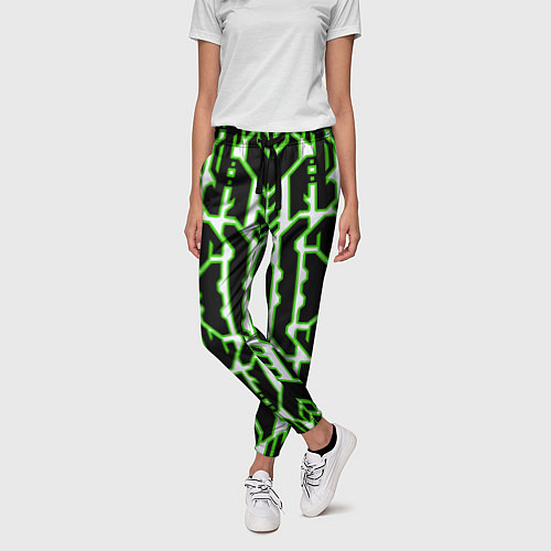 Женские брюки Техно белые линии с зелёной обводкой на чёрном фон / 3D-принт – фото 3