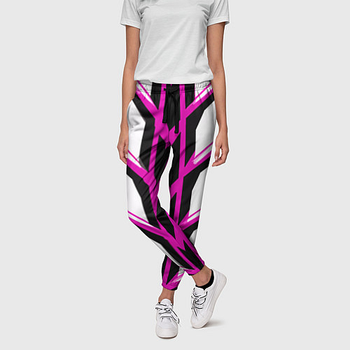 Женские брюки Чёрно-розовые полосы на белом фоне / 3D-принт – фото 3