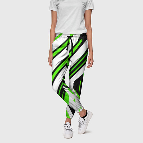 Женские брюки Чёрно-зелёные полосы на белом фоне / 3D-принт – фото 3