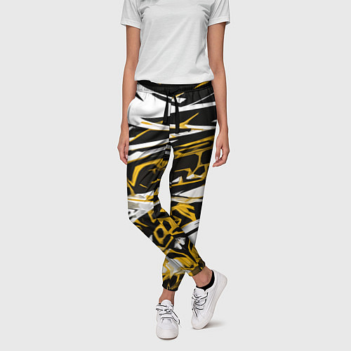 Женские брюки Жёлто-чёрная агрессивная абстракция на белом фоне / 3D-принт – фото 3