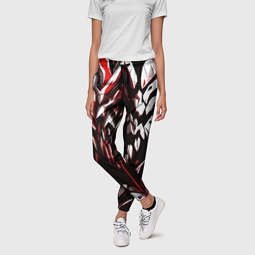 Женские брюки White and red abstraction on a black background / 3D-принт – фото 3