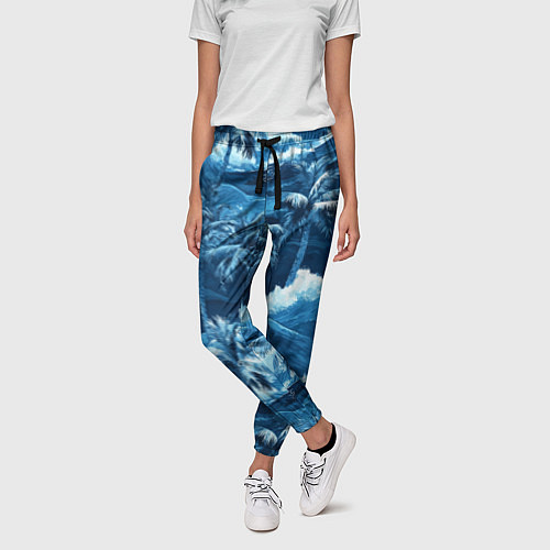 Женские брюки Пальмы и волны - голубые оттенки паттерн / 3D-принт – фото 3