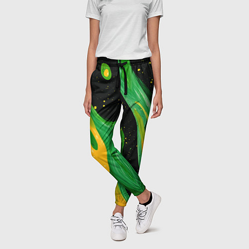 Женские брюки Зелено-желтая краска на черном / 3D-принт – фото 3