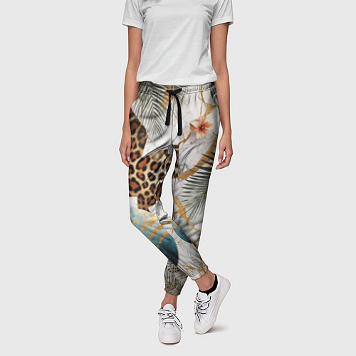 Женские брюки Мрамор с цветами и леопардовый узор / 3D-принт – фото 3