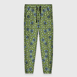 Брюки женские Синие цветочные мотивы на зеленом, цвет: 3D-принт