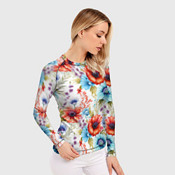 Рашгард женский Синие и красные маки на белом - паттерн, цвет: 3D-принт — фото 2