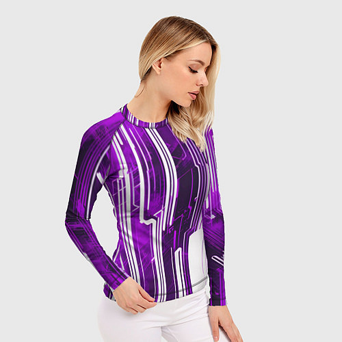 Женский рашгард Киберпанк полосы белый и фиолетовый / 3D-принт – фото 3