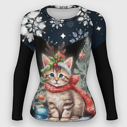 Рашгард женский Новогодний котик у ёлок в шарфе горы в снежинках, цвет: 3D-принт