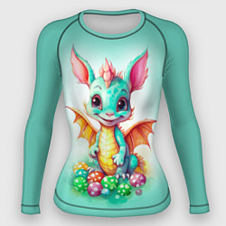 Рашгард женский Зеленый дракончик с новогодними игрушками, цвет: 3D-принт