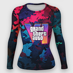 Рашгард женский GTA 6 logo яркий неоновый камуфляжный стиль, цвет: 3D-принт