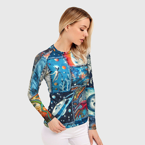 Женский рашгард Космические обитатели на дениме / 3D-принт – фото 3