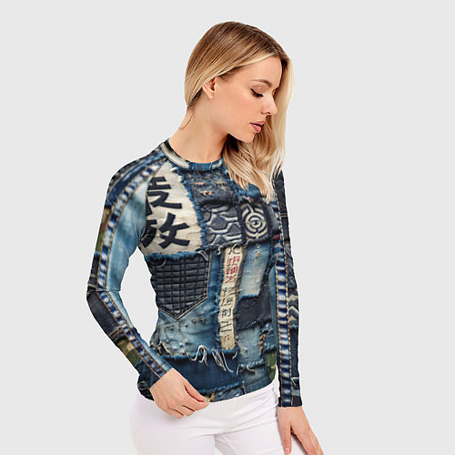 Женский рашгард Иероглифы на пэчворк дениме / 3D-принт – фото 3