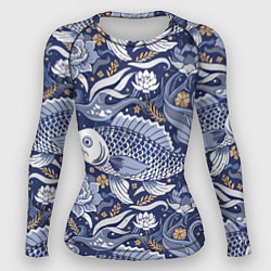 Рашгард женский Рыба карп - синий корейский узор, цвет: 3D-принт