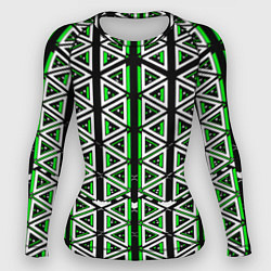 Рашгард женский Бело-зелёные треугольники на чёрном фоне, цвет: 3D-принт