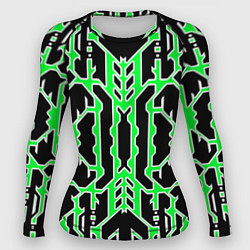 Рашгард женский Техно зелёные линии с белой обводкой на чёрном фон, цвет: 3D-принт