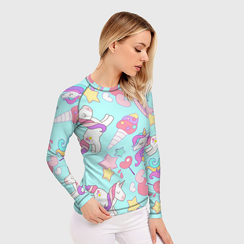 Женский рашгард Единорог мороженое конфета и сердечки на голубом ф / 3D-принт – фото 3