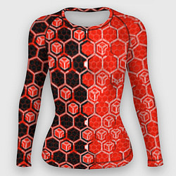 Рашгард женский Техно-киберпанк шестиугольники красный и чёрный, цвет: 3D-принт