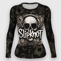 Рашгард женский Slipknot на фоне черепа в очках и наушниках, цвет: 3D-принт