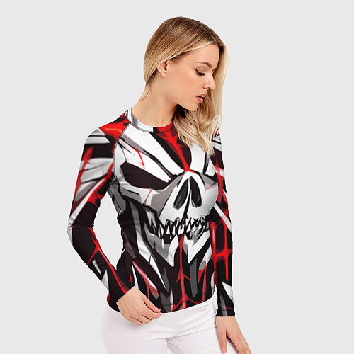 Женский рашгард Белый череп и красные полосы на чёрном фоне / 3D-принт – фото 3