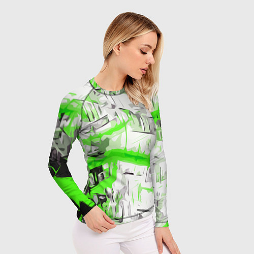 Женский рашгард Бело-зелёная абстракция на чёрном фоне / 3D-принт – фото 3