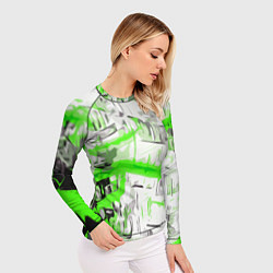 Рашгард женский Бело-зелёная абстракция на чёрном фоне, цвет: 3D-принт — фото 2