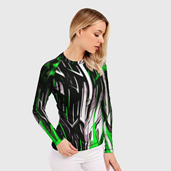 Рашгард женский Зелёно-белые вертикальные полосы на чёрном фоне, цвет: 3D-принт — фото 2