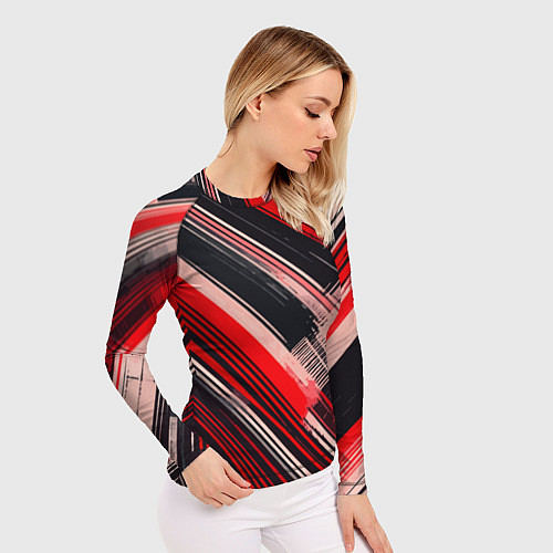 Женский рашгард Красные диагональные полосы на чёрном фоне / 3D-принт – фото 3