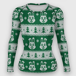 Рашгард женский Вязаный зимний узор с зайцами и ёлками, цвет: 3D-принт