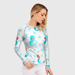 Рашгард женский Зимний новогодний узор со снеговиками и снежинками, цвет: 3D-принт — фото 2