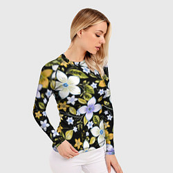 Рашгард женский Жёлто-белые цветы на чёрном фоне, цвет: 3D-принт — фото 2