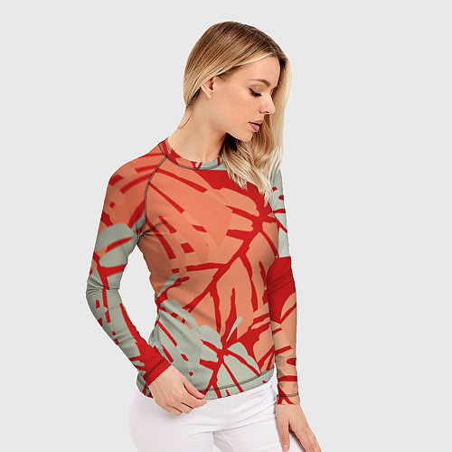 Женский рашгард Отпечатки монстеры на красном / 3D-принт – фото 3