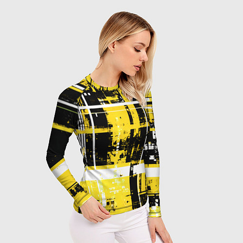Женский рашгард Жёлто-белый гранж на чёрном фоне / 3D-принт – фото 3
