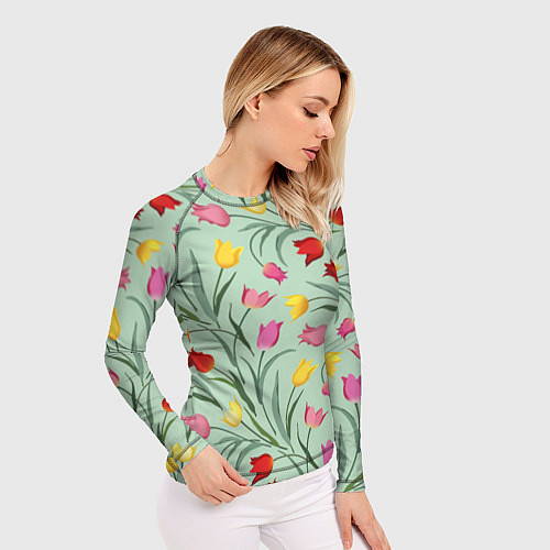 Женский рашгард Тюльпаны цветочный паттерн на светло-зелёном фоне / 3D-принт – фото 3
