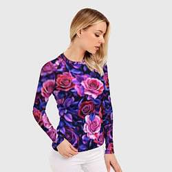 Рашгард женский Разноцветные цветы - синие розы паттерн, цвет: 3D-принт — фото 2