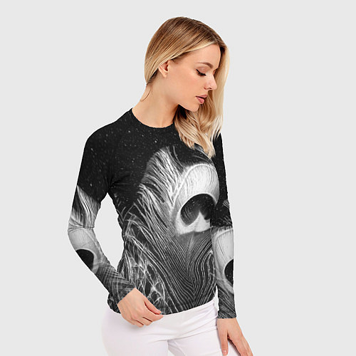 Женский рашгард Изогнутые белые перья павлина - чб иллюстрация / 3D-принт – фото 3