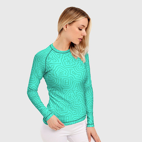 Женский рашгард Лабиринтовый паттерн с иероглифами на бирюзе / 3D-принт – фото 3