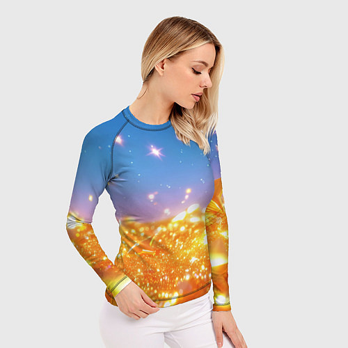 Женский рашгард Золотые шарики на голубом фоне / 3D-принт – фото 3