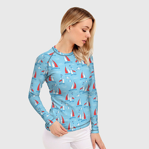 Женский рашгард Морской паттерн с парусными лодками и чайками / 3D-принт – фото 3