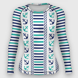 Рашгард женский Морской орнамент с якорями и полосками, цвет: 3D-принт