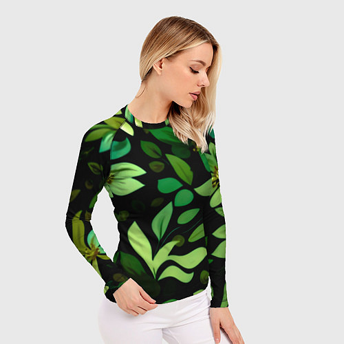 Женский рашгард Чёрный с зелёными крупными цветами / 3D-принт – фото 3