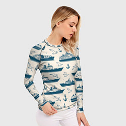 Рашгард женский Морской паттерн из чаек, якорей и кораблей, цвет: 3D-принт — фото 2
