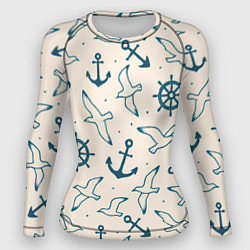 Женский рашгард Морской паттерн из штурвалов, чаек и якорей
