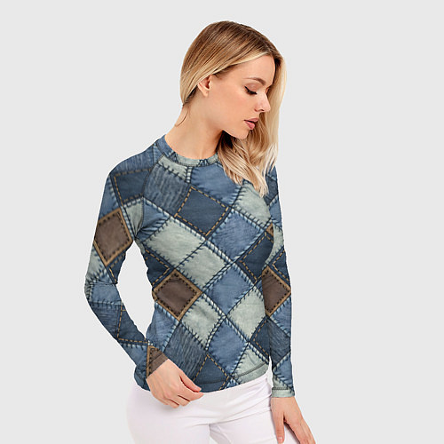 Женский рашгард Джинсовый пэчворк ромбовый узор / 3D-принт – фото 3
