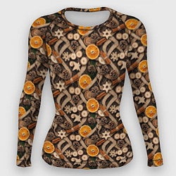 Рашгард женский Новогодний орнамент с корицей и дольками апельсина, цвет: 3D-принт